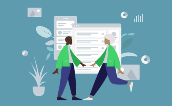 Two illustrated characters look at each other, standing. Modern illustrated background with wireframes and plants, symbolising a work setting.